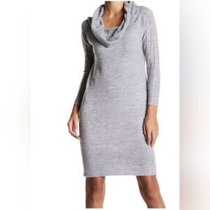 Solutions M Gray 3/4 Sleeve Knitted Ribbed Hem Cowl Neck Women's Tunic Dress